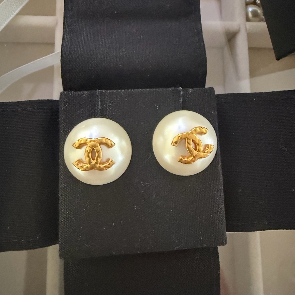 CHANEL Gold and White Logo Earrings
